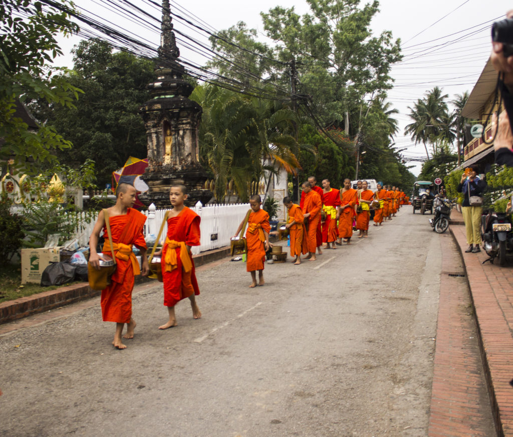 Monks lining up to get food in the morning